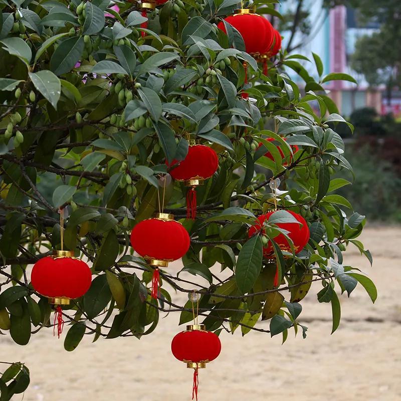 Red Lantern Flocking Small Bell Pepper Hanging Decoration Outdoor Bonsai Lantern Chinese Festival Festive Wedding Wax Gourd Lantern