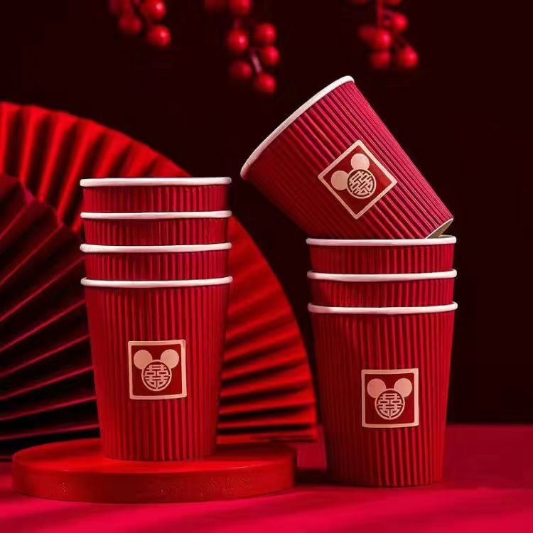 Disposable Festival Red Cup Thickened Wedding Banquet Disposable Paper Cup Festive Tea Ceremony Red Wedding Cup Wedding Supplies Collection