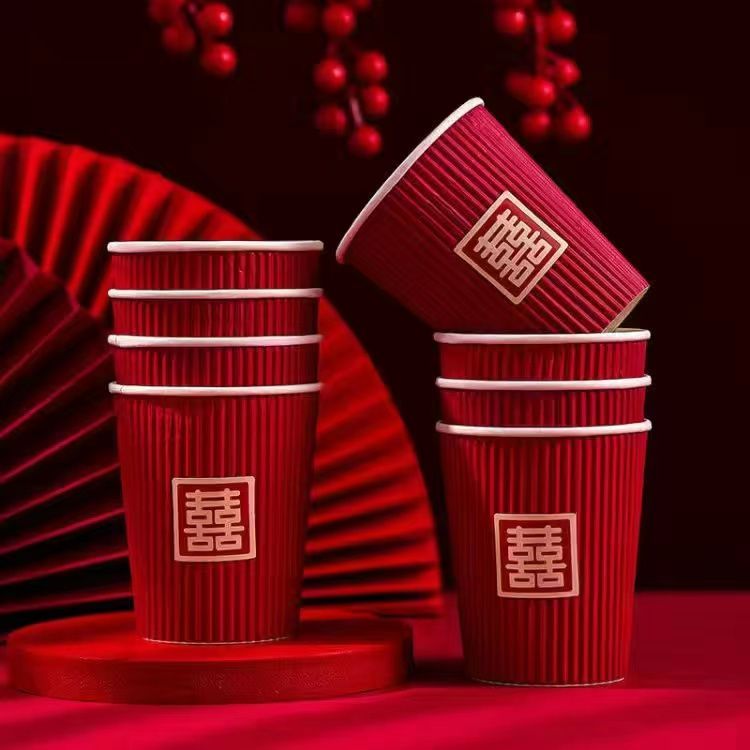 Disposable Festival Red Cup Thickened Wedding Banquet Disposable Paper Cup Festive Tea Ceremony Red Wedding Cup Wedding Supplies Collection