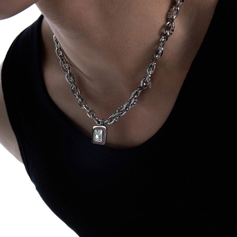 hip hop square zircon necklace men‘s trendy double layer overlapping hip hop necklace design sense personalized clavicle chain cold style