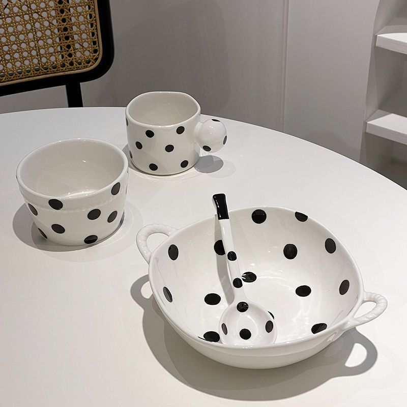 household for one person ceramic tableware simple black and white polka dot rice bowl binaural noodle bowl creative long handle soup drinking spoon