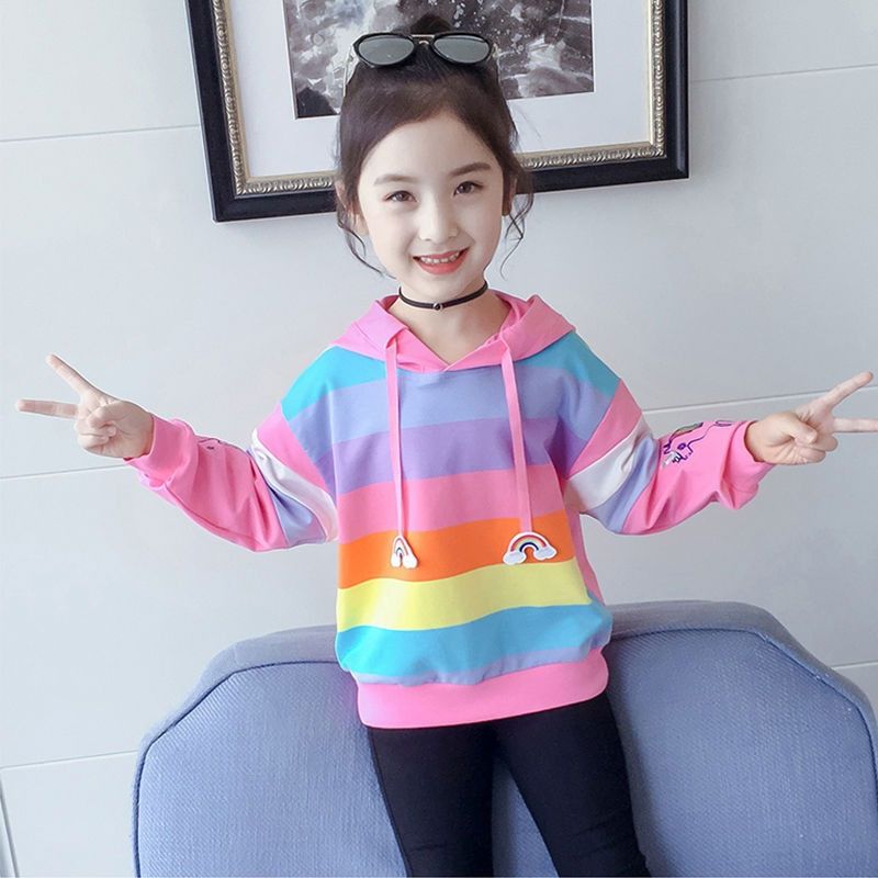 girls autumn clothing t-shirt 2023 new korean style children and teens‘ sweater hooded rainbow striped long sleeve color matching girl‘s clothing