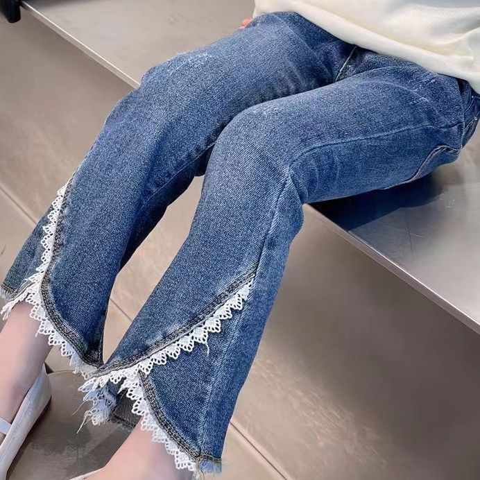 girls‘ pants spring and autumn 2023 new western style fashion lace edge korean style trousers medium and big children flared jeans fashion