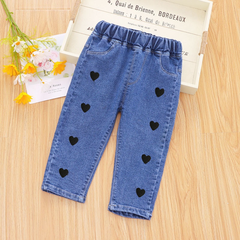 Girls' Jeans Baby Casual Pants Autumn Embroidered Estic Waist Washed Denim Long Cotton Pants Spring Outerwear