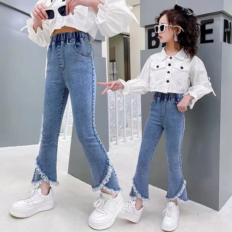 girls‘ pants spring and autumn girls‘ denim lace bell-bottom pants middle and big children‘s student version super soft children‘s trousers korean style