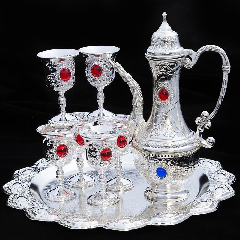 high-grade gem wine set white liquor jug silver wine cup eight-piece set handmade exquisite household antique liquor divider gift decoration