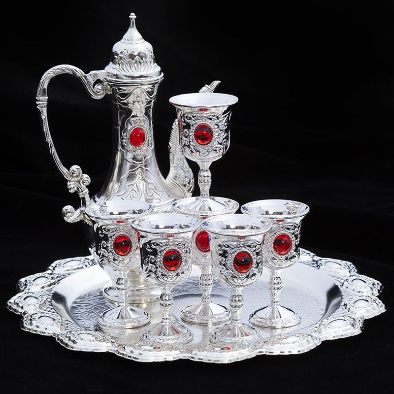 high-grade gem wine set white liquor jug silver wine cup eight-piece set handmade exquisite household antique liquor divider gift decoration