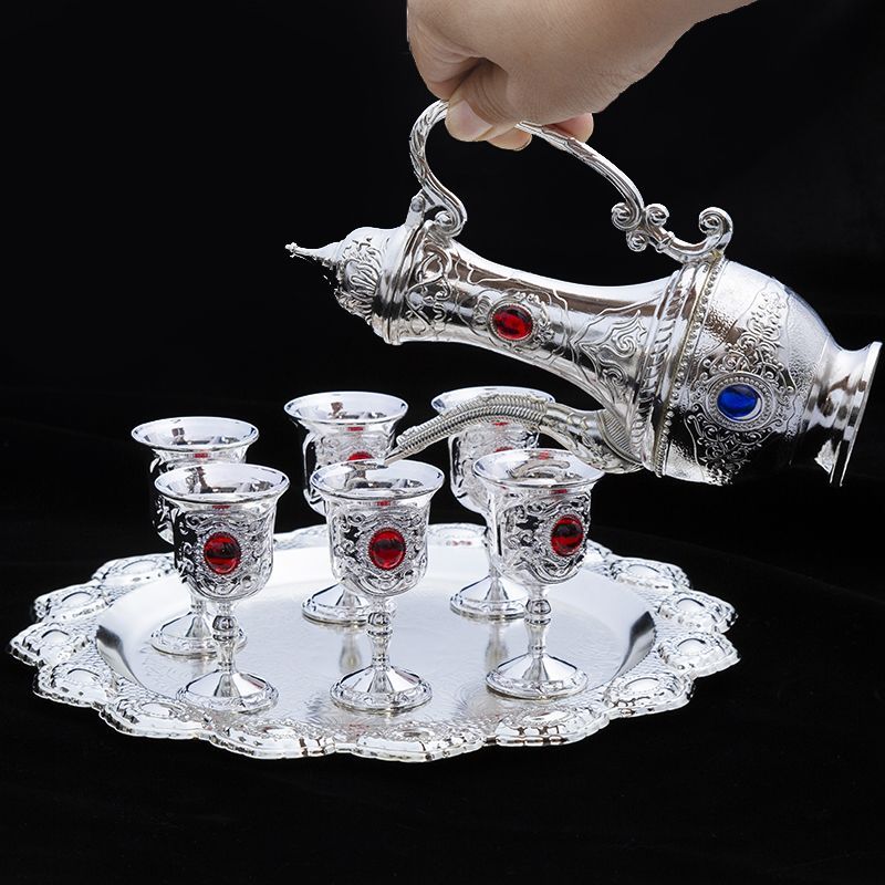 high-grade gem wine set white liquor jug silver wine cup eight-piece set handmade exquisite household antique liquor divider gift decoration