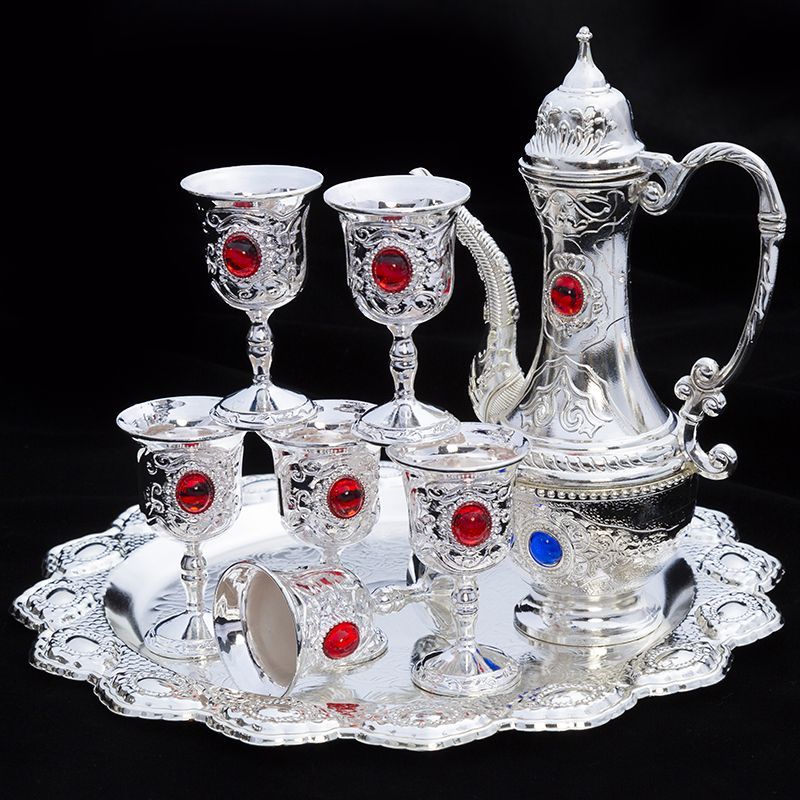 high-grade gem wine set white liquor jug silver wine cup eight-piece set handmade exquisite household antique liquor divider gift decoration