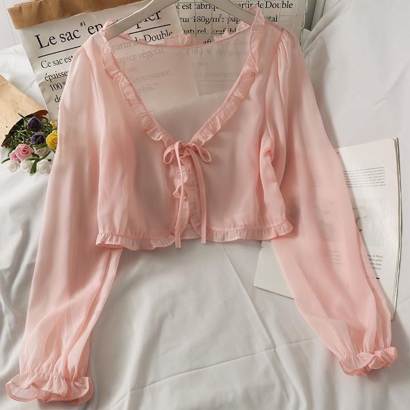 Chiffon Short Lace-up Wooden Ear Shawl for Women 2023 Summer Loose Long Sleeve All-Match Sun Protection Shirt Waistcoat Top