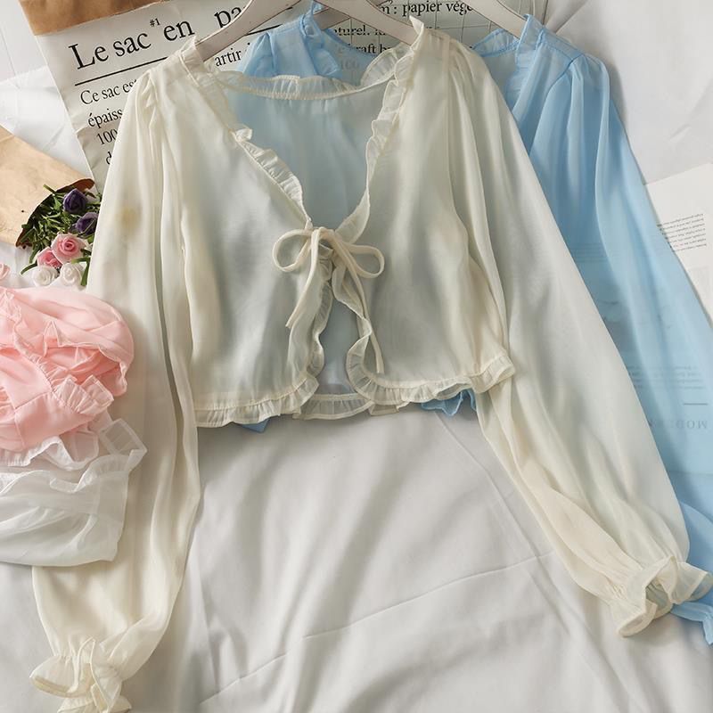 Chiffon Short Lace-up Wooden Ear Shawl for Women 2023 Summer Loose Long Sleeve All-Match Sun Protection Shirt Waistcoat Top