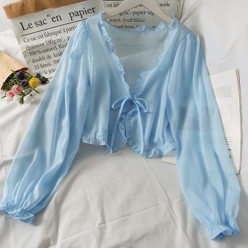 Chiffon Short Lace-up Wooden Ear Shawl for Women 2023 Summer Loose Long Sleeve All-Match Sun Protection Shirt Waistcoat Top