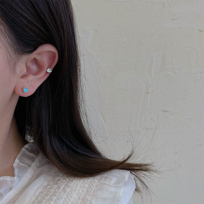 Ramune ~ Sterling Silver Needle Love Heart Stud Earrings Summer Women's Niche Design Color Compact Delicate Eardrops Bone Nail
