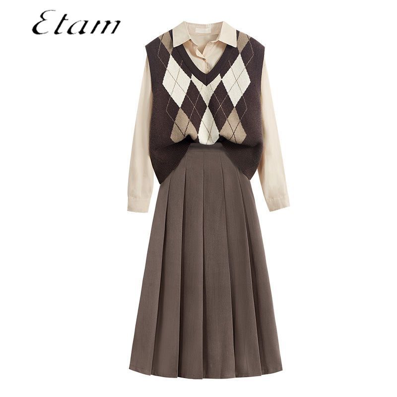 etam aige autumn and winter suit women‘s retro lightly mature knitted vest shirt skirt three-piece set suit skirt