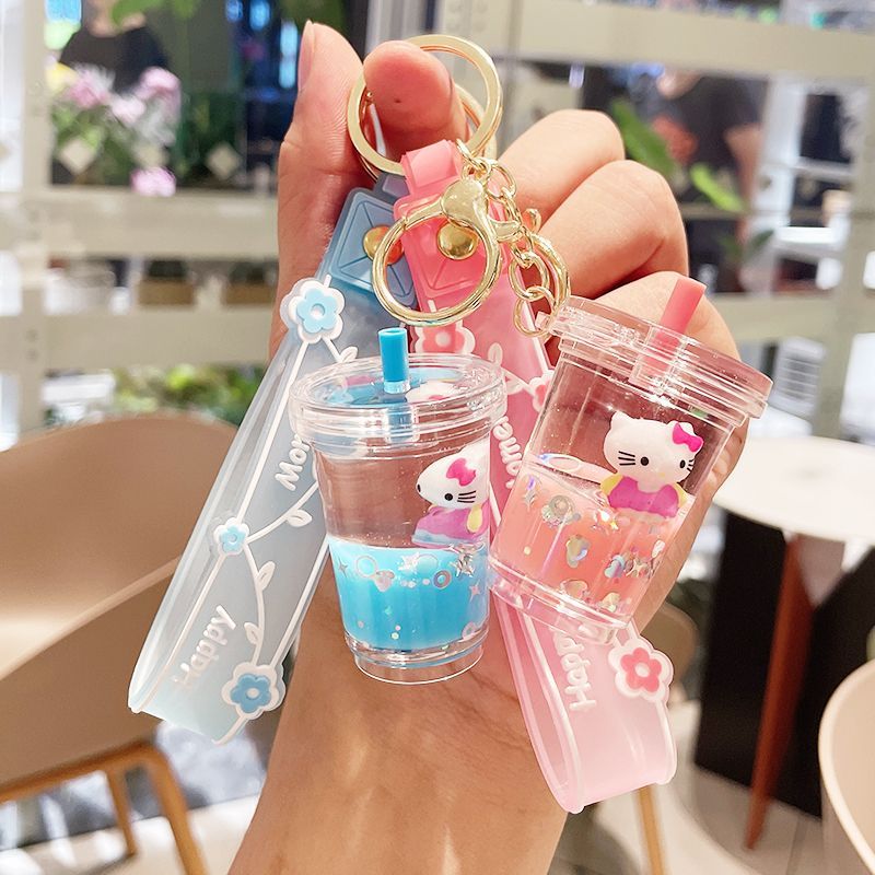 creative cute  milky tea cup keychain girls drift bottle oil quicksand exquisite children‘s schoolbag small ornaments