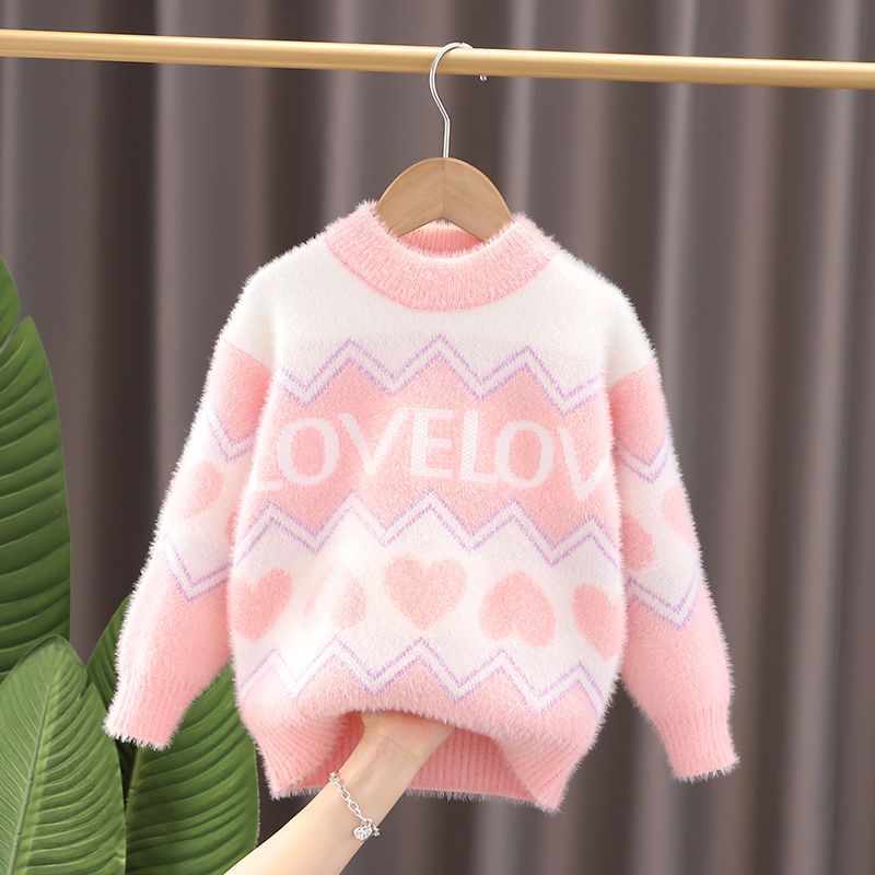 girl‘s sweater 2024 new autumn and winter children‘s western style pullover mink fur thickened knitting bottoming shirt