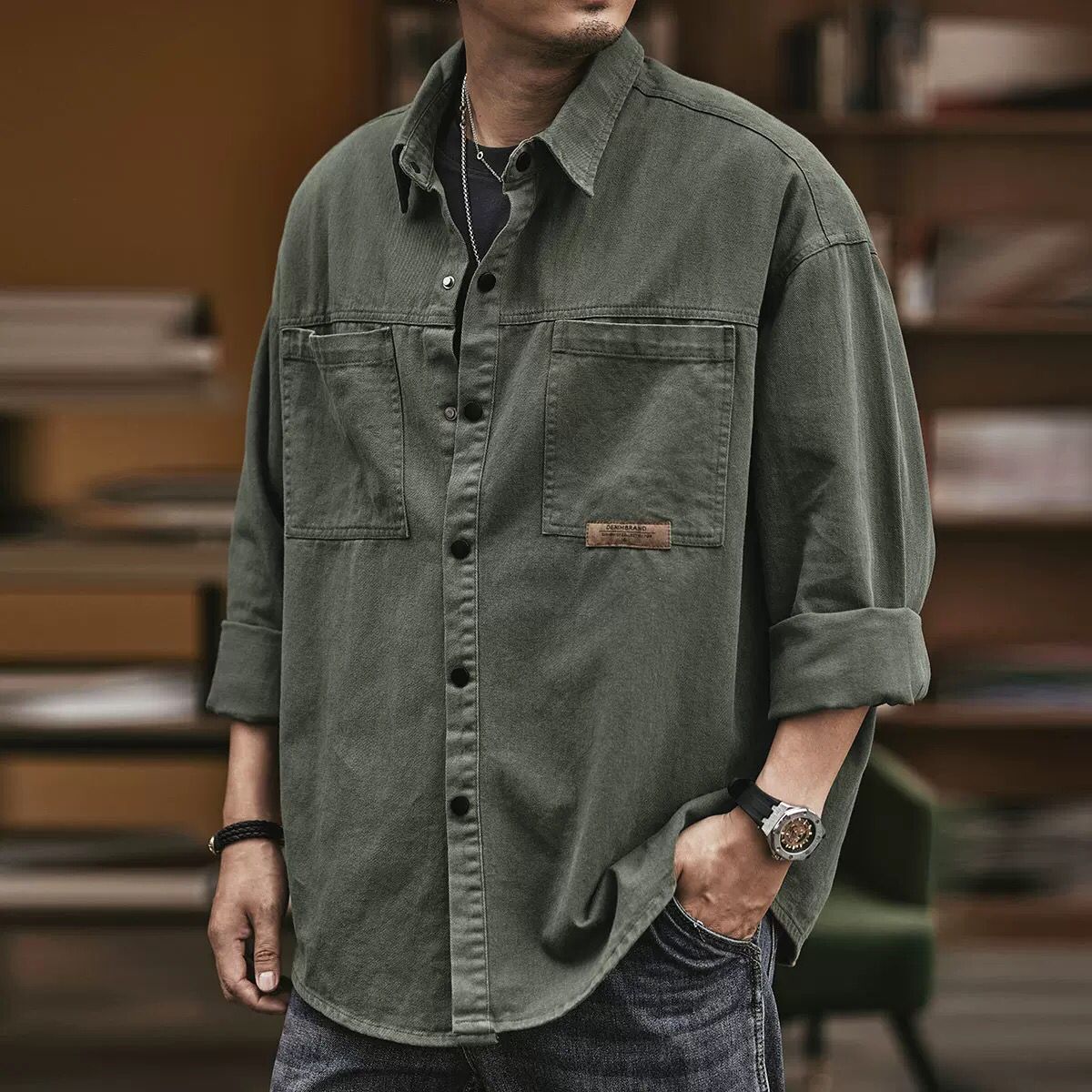 american retro workwear shirt men‘s spring and autumn new construction site shirt trendy brand long sleeve casual ruffle handsome jacket men