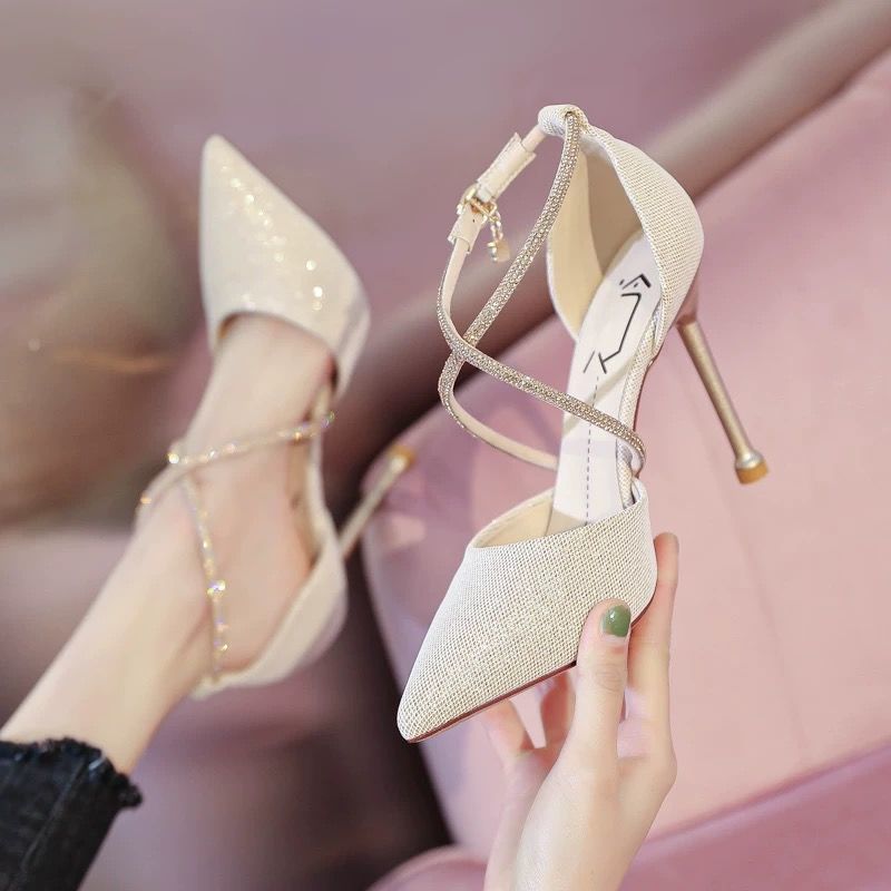 high heel women‘s stiletto heel 2022 new spring and autumn all-match pointed toe buckle strap rhinestone with skirt mid-heel shoes