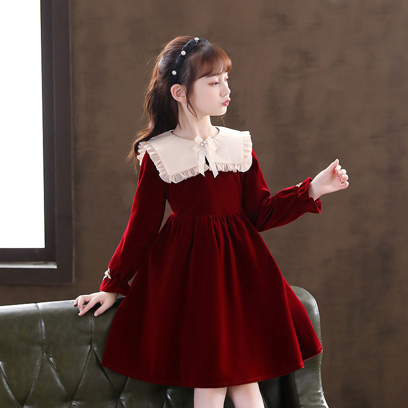 girls autumn clothing pleuche dress 2022 new spring and autumn western style red girl princess dress long sleeve children‘s clothing and dress