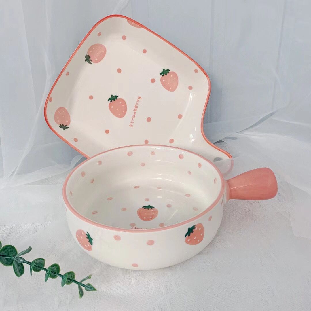 bakeware nordic style tableware ceramic plate hand painted strawberry for microwave oven internet celebrity （handle bowl + handle plate）