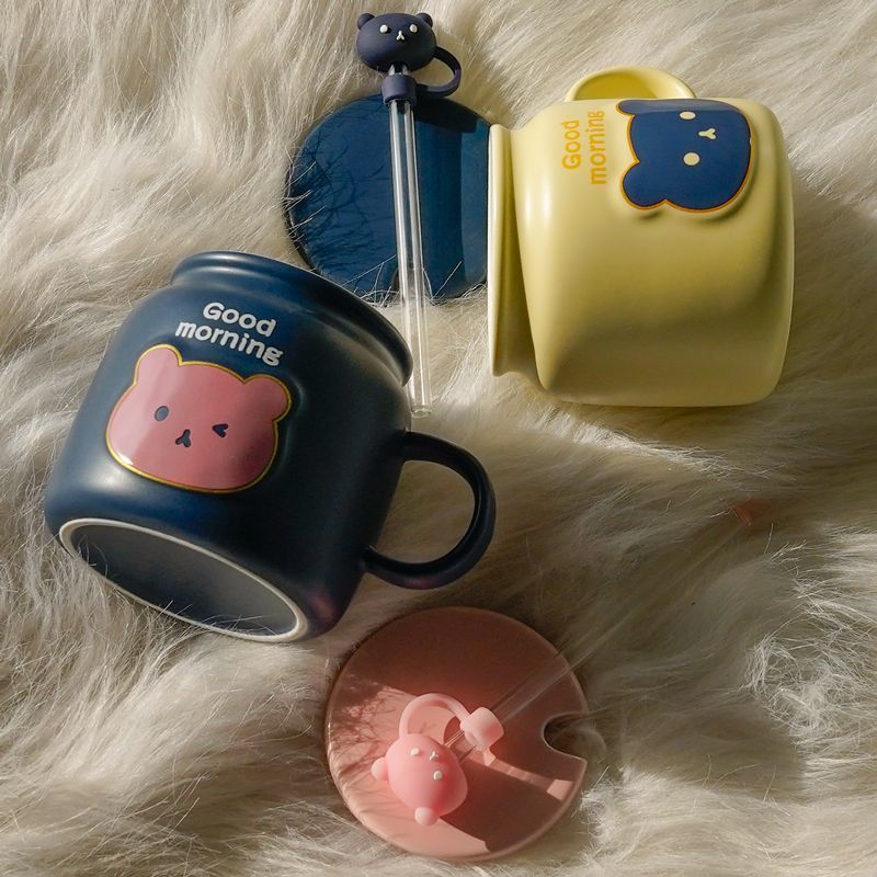 bear vintage mug with lid chopsticks straw water cup ceramic household microwaveable heating milk coffee cup