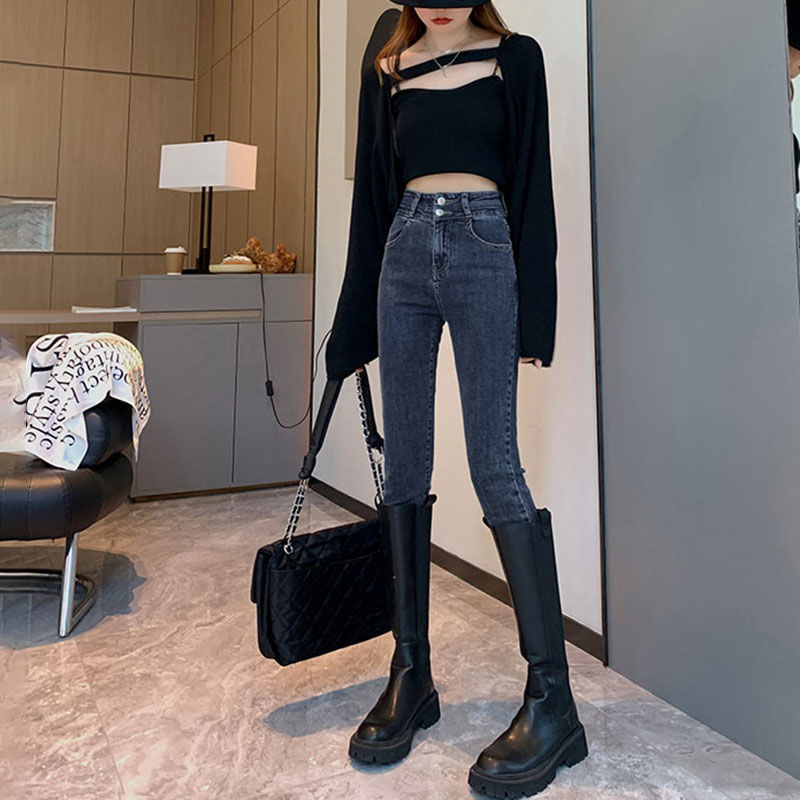 double buckle high waist jeans women‘s skinny new autumn and winter fleece-lined slim fit slimming pencil pants stretch tight pants fashion