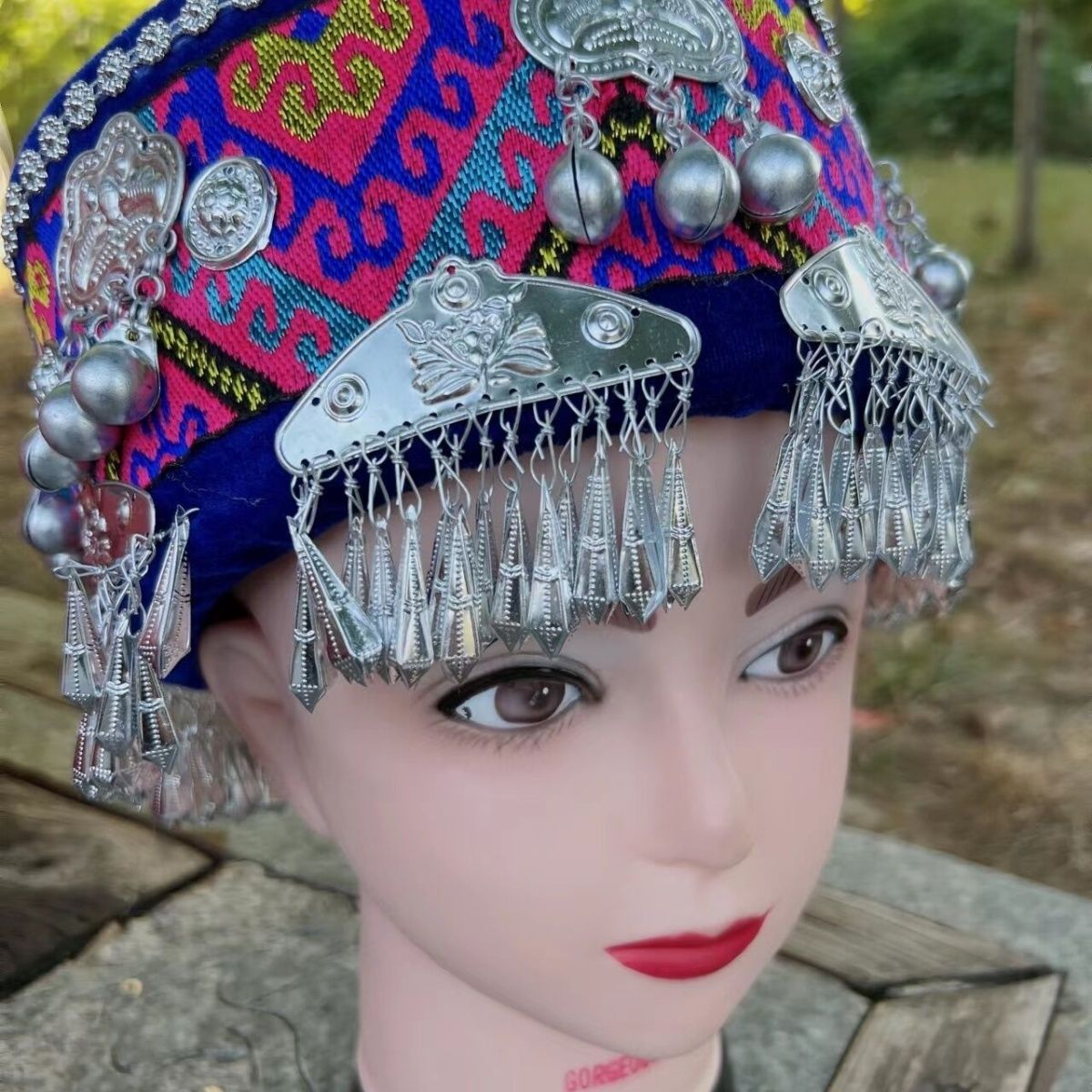 Tujia Miao Hat Ethnic Dance Performance Headdress Hanging Bell Embroidery Sponge Hat Circle Miao Hat