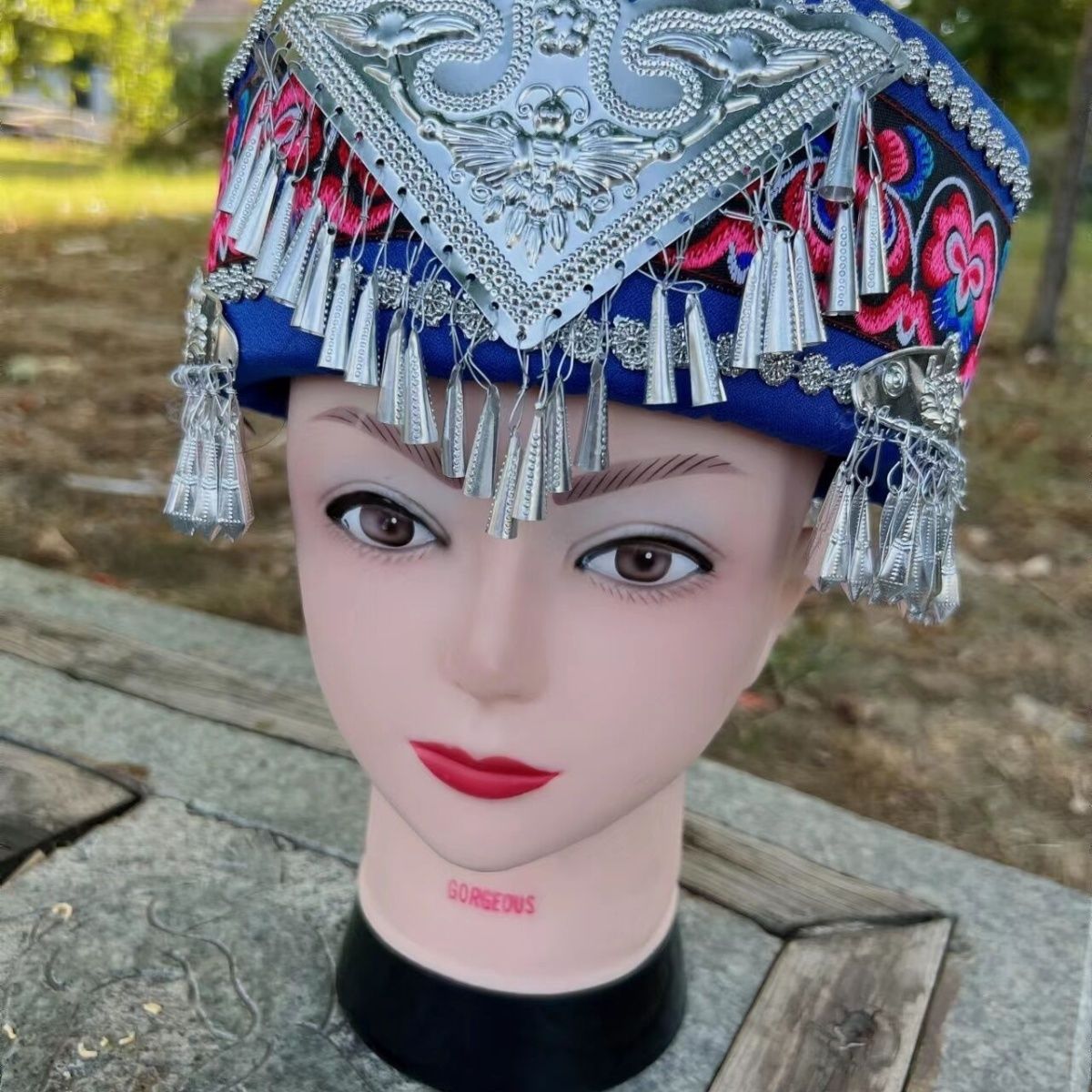 Tujia Miao Hat Ethnic Dance Performance Headdress Hanging Bell Embroidery Sponge Hat Circle Miao Hat