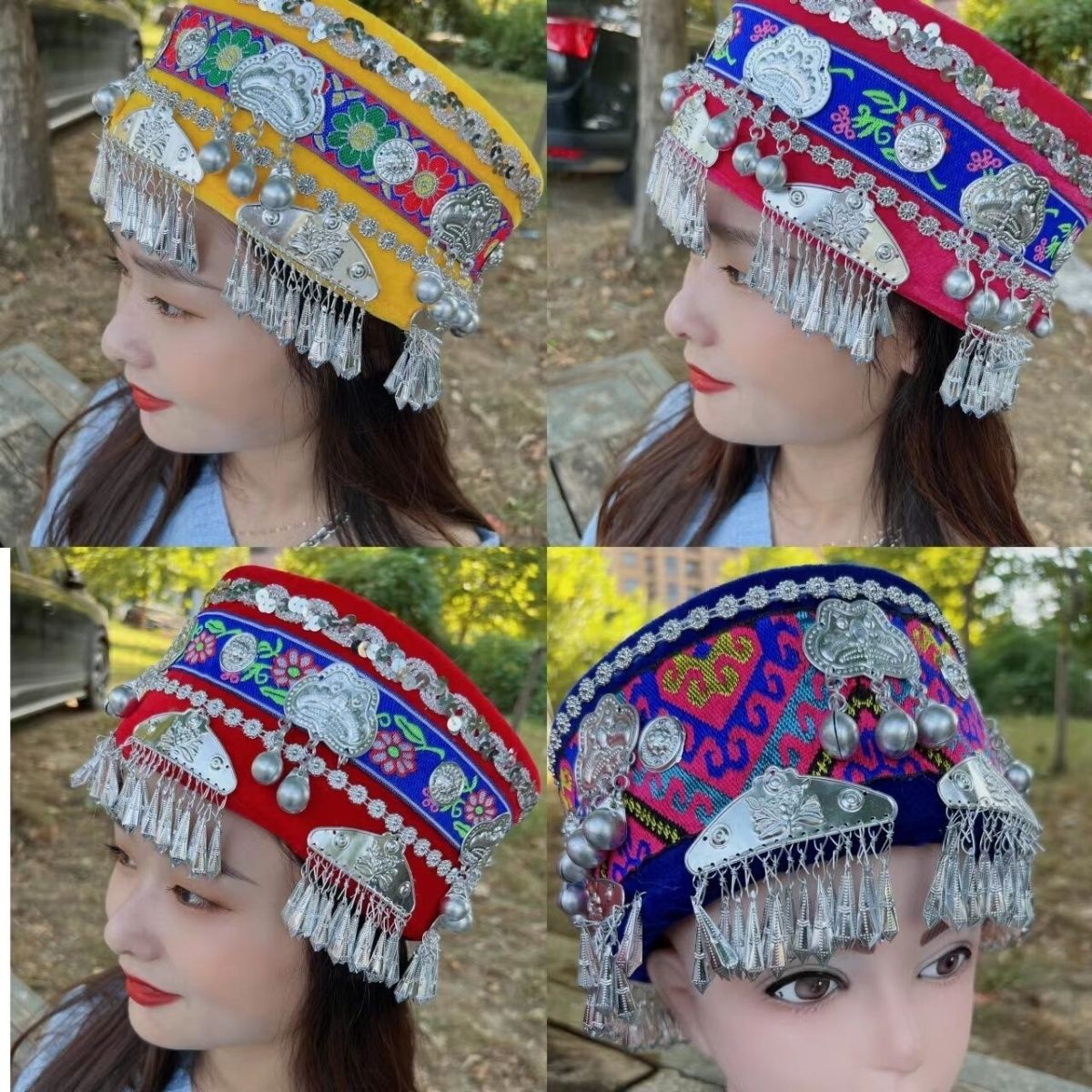 Tujia Miao Hat Ethnic Dance Performance Headdress Hanging Bell Embroidery Sponge Hat Circle Miao Hat