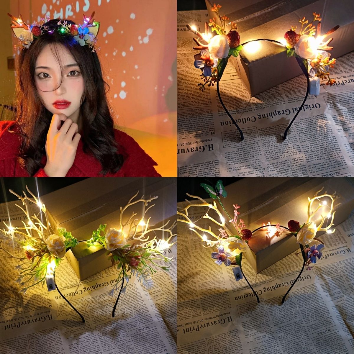 christmas luminous antlers garland headdress push luminous toys festival props elk headband factory direct sales