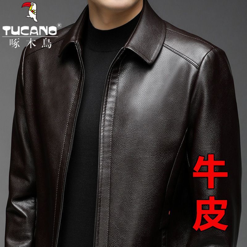 woodpecker first layer cowhide leather coat men‘s jacket lapel business casual clothing for middle-aged dad haining leather jacket