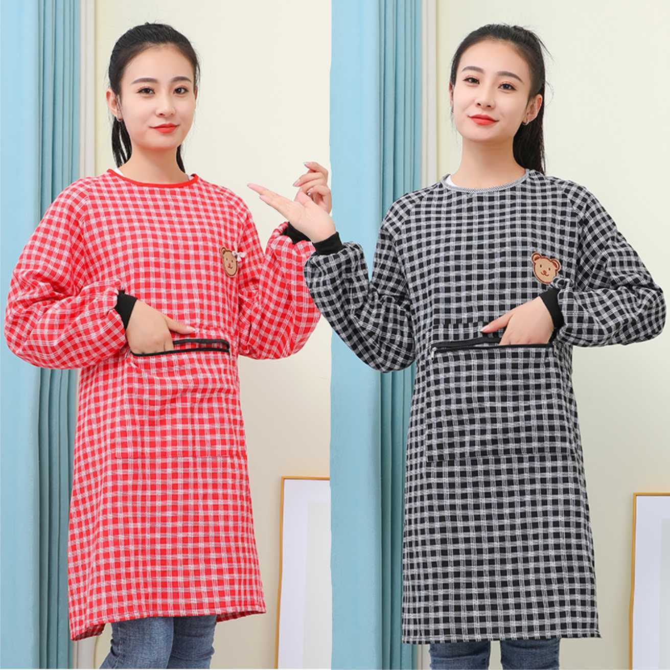 Pure Cotton Women's Apron Long Sleeve Western Style Cute Kitchen Home Cooking Work Clothes Overclothes Young Sleeved New