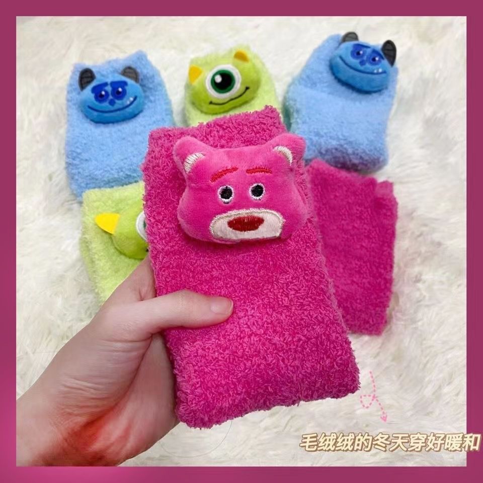 blue sulley and mike coral fleece socks female autumn and winter ins cute wild cartoon sleeping socks loose super thick