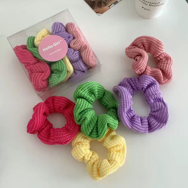 5-Piece Candy-Colored Waffle Hair Rope Girl's Heart Large Intestine Ring Headband Knitted Hair Band Japanese and Korean Basic Hair Accessories