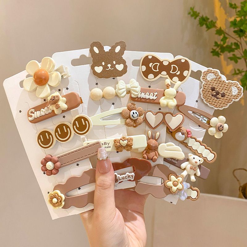 Cute Korean Style Cream and Coffee-Colored Plush Bear Baby Barrettes Girl Side Clip Small Flower Children's Hairpin BB Clip Hairware