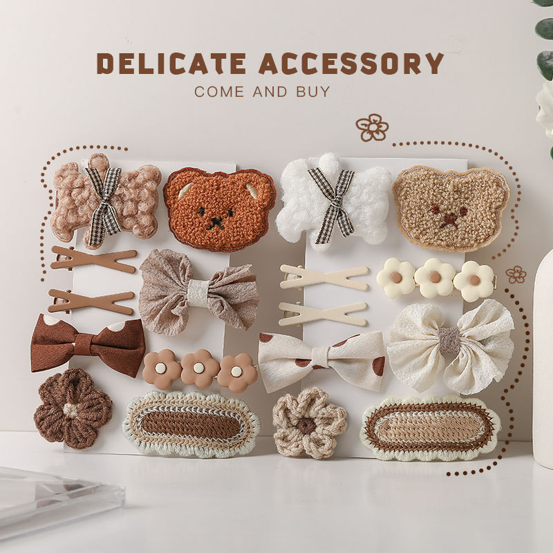Cute Korean Style Cream and Coffee-Colored Plush Bear Baby Barrettes Girl Side Clip Small Flower Children's Hairpin BB Clip Hairware