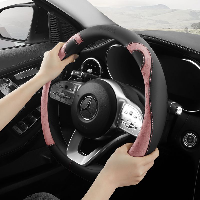 light luxury faux leather car steering wheel cover four seasons universal hand sweat prevention d type female cute cartoon bear car handle cover