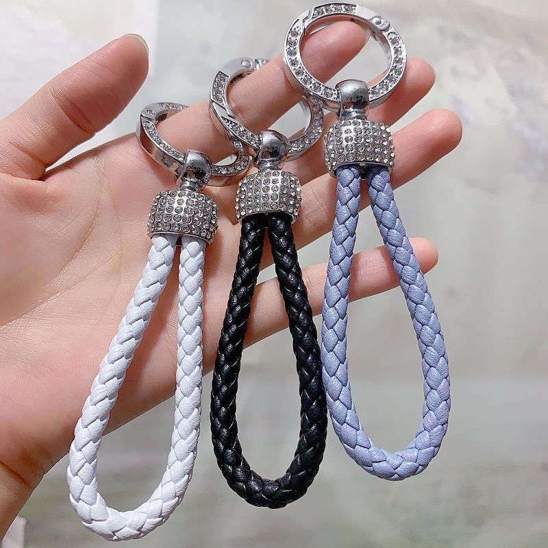 car key ring ins diamond key chain leather rope volkswagen car logo braided rope key pendants anti-lost number plate