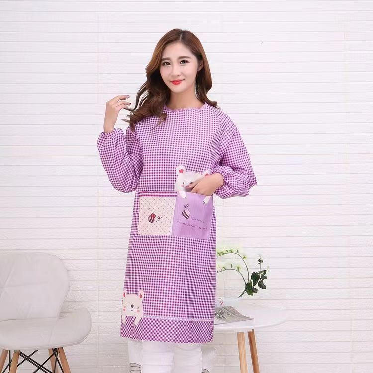 Long Sleeve Women's Kitchen Household Comfortable Breathable Apron Adults at Work Work Wear-Resistant Work Clothes plus-Sized Glossy Overclothes