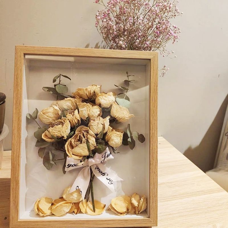 Handmade DIY Three-Dimensional Hollow Dried Flower Photo Frame Send Girls Birthday Gifts Creative Tissue Rose Preserved Fresh Flower Table Decoration