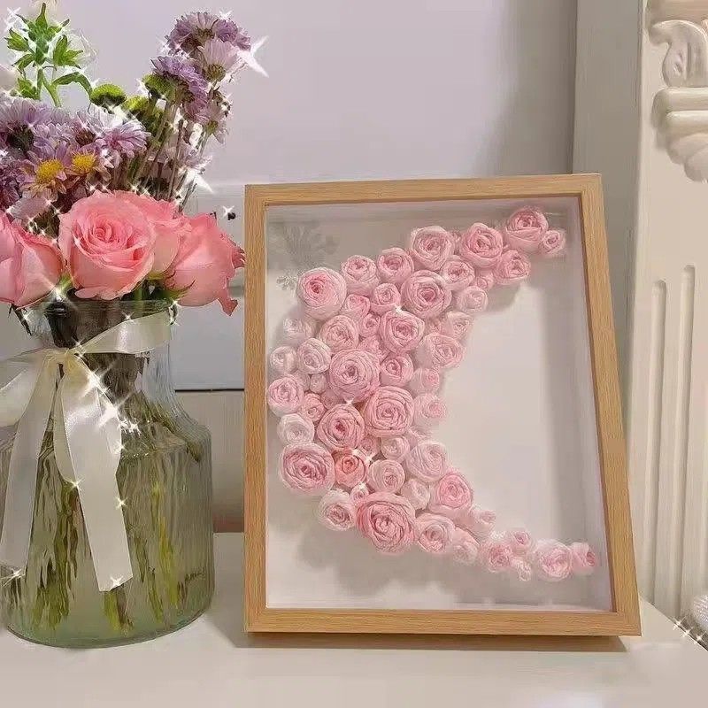 Handmade DIY Three-Dimensional Hollow Dried Flower Photo Frame Send Girls Birthday Gifts Creative Tissue Rose Preserved Fresh Flower Table Decoration