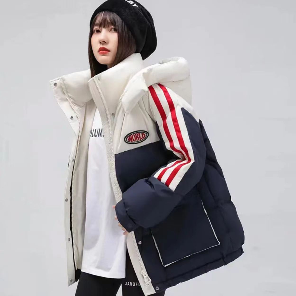 genuine goods down jacket women‘s winter new internet celebrity fashion color contrast thickened korean style loose students warm-keeping short coat