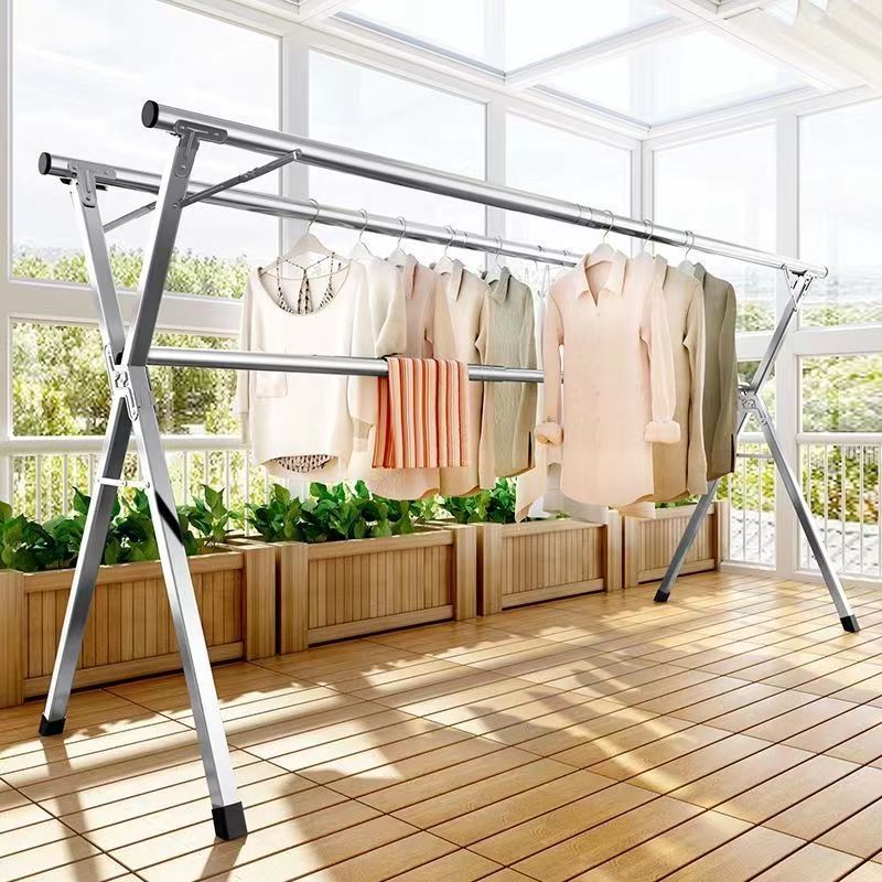 stainless steel outdoor clothes hanger floor foldable installation-free mobile clothes rack x-type balcony telescopic clothes rail