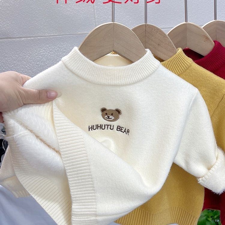 children‘s one-piece velvet sweater baby embroidered winter fleece-lined cartoon half turtleneck sweater western style pullover base