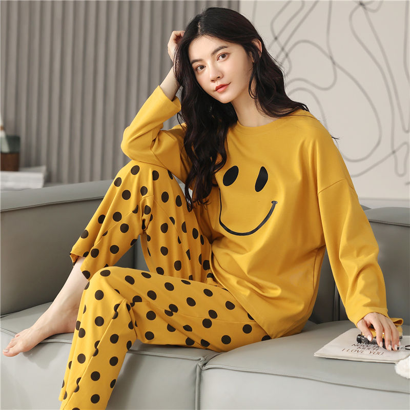 100% Cotton Pajamas Women's Spring and Autumn Long Sleeve Cartoon Korean Loose Summer and Winter Can Be Worn outside Ladies Home Leisure Suit