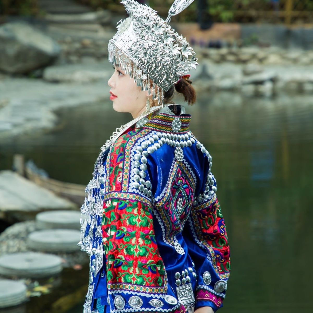 Guizhou Miao Silver Jewelry Headdress Hat Collar Phoenix Minority Miao and Dong Ethnic Group Performance Photography