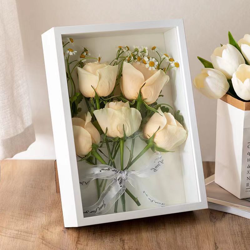 Handmade DIY Three-Dimensional Hollow Dried Flower Photo Frame Send Girls Birthday Gifts Creative Tissue Rose Preserved Fresh Flower Table Decoration