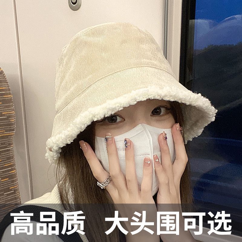 bucket hat winter women‘s double-sided lamb wool autumn and winter wild plush bucket big head circumference hat face cute warm