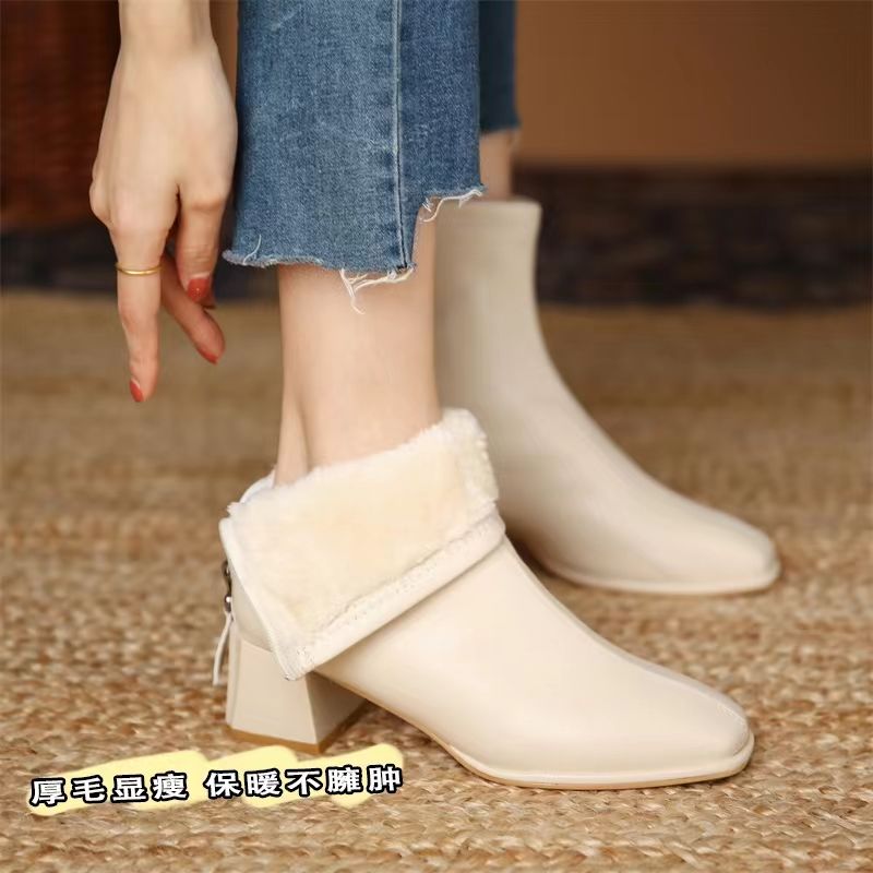 real soft leather boots for women winter fleece lined square toe chunky heel high heel warm booties women 2023 autumn and winter new skinny boots