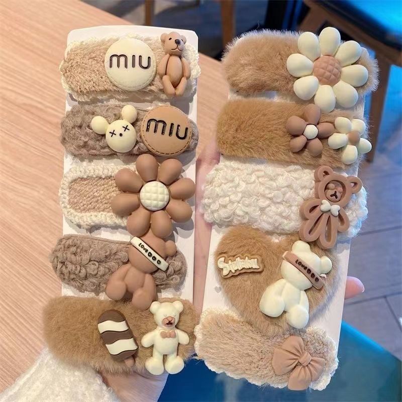 autumn and winter 5 flowers cartoon furry hairpin bangs clip broken hair side small side clip bb clip internet celebrity plush hairpin